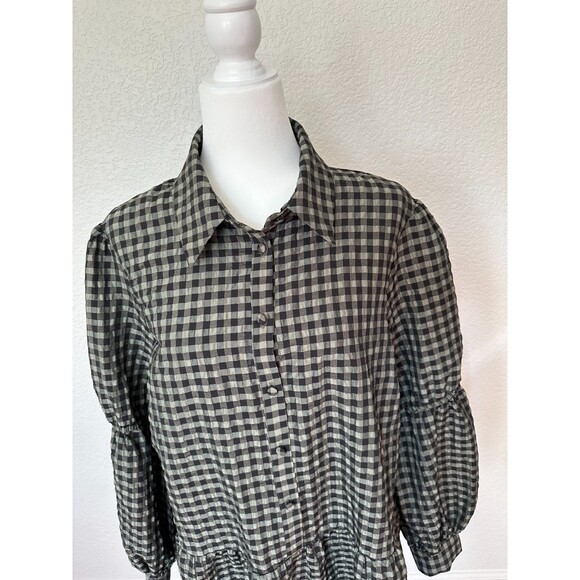 River Island Long Sleeve Tiered Black Green Gingham Button Down Mini Dress Sz 14 - Picture 3 of 9